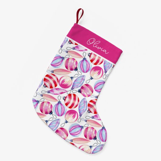 ピンクガーリーオーナメントフェスティバルおもしろい パーソナライズされた スモールクリスマスストッキング (正面 (吊り時))