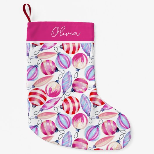 ピンクガーリーオーナメントフェスティバルおもしろい パーソナライズされた スモールクリスマスストッキング (正面)
