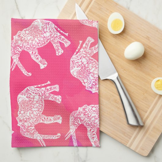 ピンクガーリーカラフルの部族フローラ象パターン キッチンタオル (四つ折り)