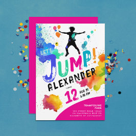 ピンクガーリーカラフルトランポリン跳び跳び跳びパーティー 招待状