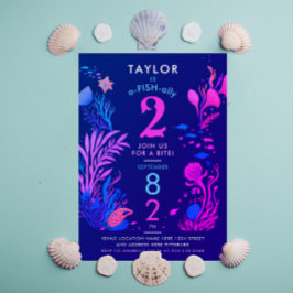 ピンクガーリーカラフルブルー海魚誕生日 招待状
