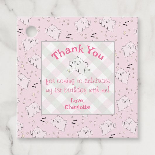 ピンクガーリーキュート幽霊ベビーハロウィーンスクエア フェイバータグ (正面)