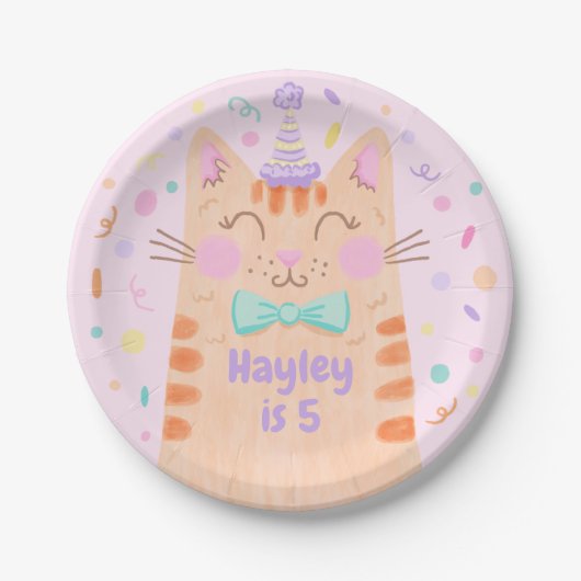ピンクガーリークカラフルかわいい猫の誕生日パーティー ペーパープレート (正面)