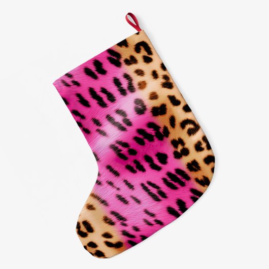 ピンクガーリークリームヒョウ柄 ラージクリスマスストッキング (裏面 (吊り時))