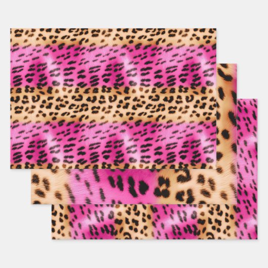 ピンクガーリークリームブラックヒョウ柄 ラッピングペーパーシート (セット)