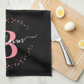 ピンクガーリーク黒エレガント名モノグラムScript Kitc キッチンタオル (四つ折り)