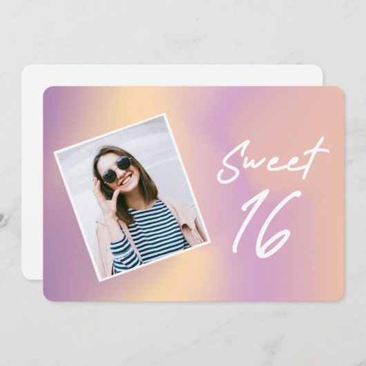 ピンクガーリーグラデーション写真Sweet sixteen誕生日 招待状 (正面/裏面)