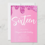 ピンクガーリーグリッタースウィート16バースデーパーティー 招待状 (正面)