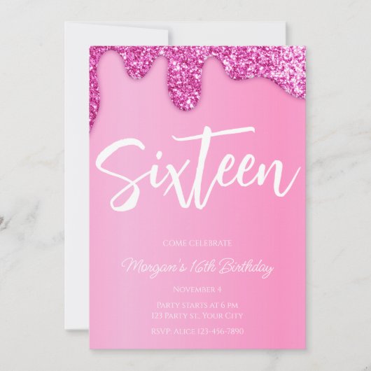 ピンクガーリーグリッタースウィート16バースデーパーティー 招待状 (正面)