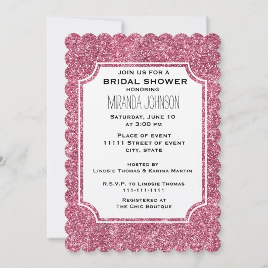ピンクガーリーグリッタースパークル誕生日ブライダルシャワー 招待状 (正面)