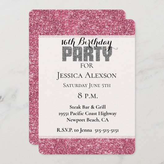 ピンクガーリーグリッタースパークル誕生日 招待状 (正面/裏面)