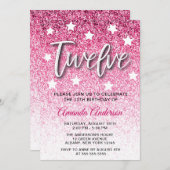 ピンクガーリーグリッターテクスチャ12th誕生日パーティー 招待状 (正面/裏面)