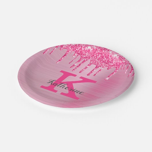 ピンクガーリーグリッタードリップスシックグラムモノグラム名 ペーパープレート (アングル)