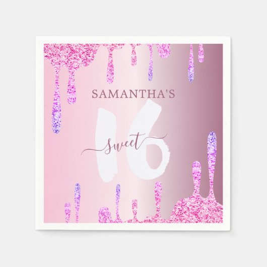 ピンクガーリーグリッタードリップススウィート16 スタンダードカクテルナプキン (正面)