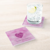 ピンクガーリーグリッターハート ガラスコースター (アングル)