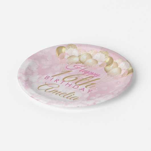 ピンクガーリーグリッターバルーン16誕生日 ペーパープレート (アングル)