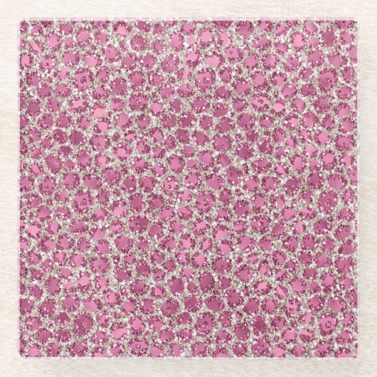 ピンクガーリーグリッターヒョウ印刷 ガラスコースター (正面)