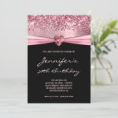 ピンクガーリーグリッターフォイルジェムハート50誕生日 招待状 (スタンド正面)
