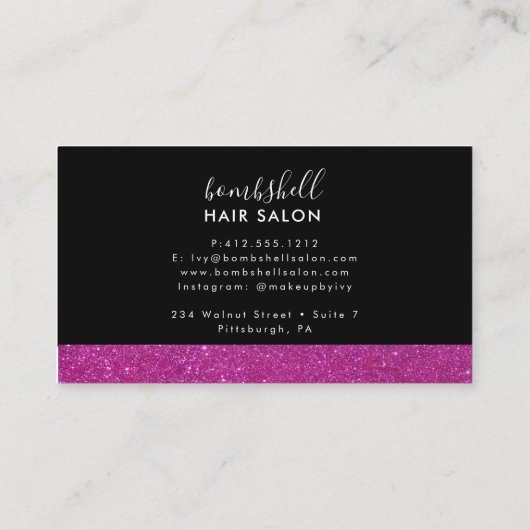 ピンクガーリーグリッターメイクアップアーティストヘアサロン 名刺 (裏面)