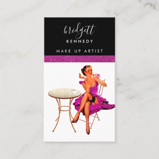 ピンクガーリーグリッターメイクアップアーティストヘアサロン 名刺 (正面)