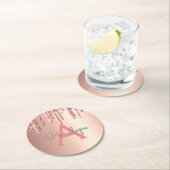 ピンクガーリーグリッターモノグラムのバラ金ゴールド ラウンドペーパーコースター (インサイチュ)