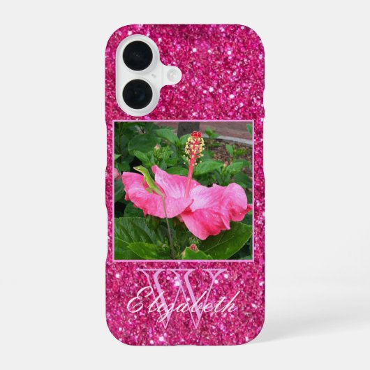 ピンクガーリーグリッターモノグラム個人写真名 iPhone 16ケース (裏面)