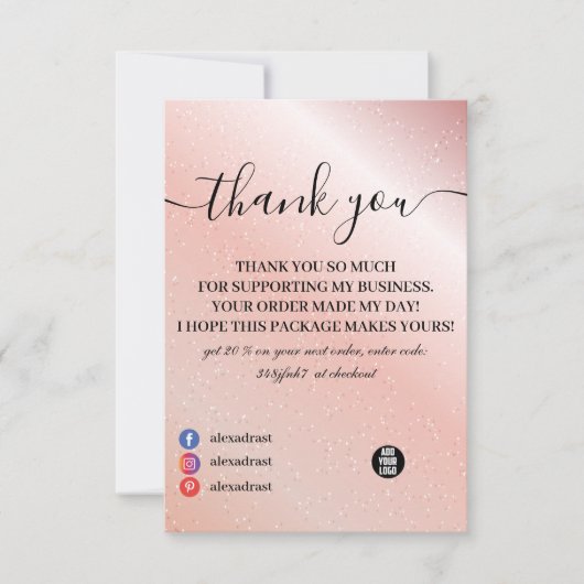 ピンクガーリーグリッター割引メッセージサンキューカード サンキューカード (正面)