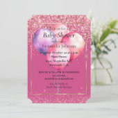 ピンクガーリーグリッター金ゴールドガラス風船 招待状 (スタンド正面)