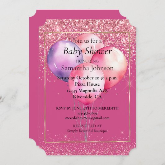 ピンクガーリーグリッター金ゴールドガラス風船 招待状 (正面/裏面)