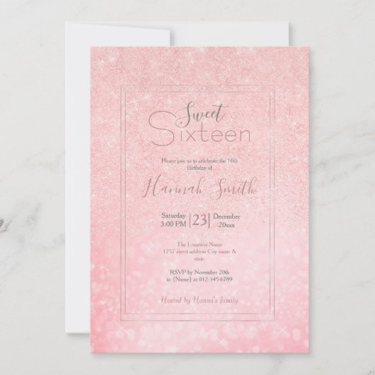 ピンクガーリーグリッター高級デザイン 招待状 (正面)