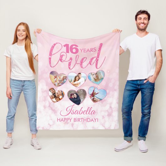ピンクガーリーグリッター16誕生日フォトコラージュ フリースブランケット (インサイチュ)
