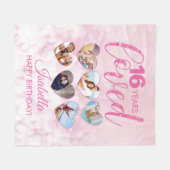 ピンクガーリーグリッター16誕生日フォトコラージュ フリースブランケット (正面(横))