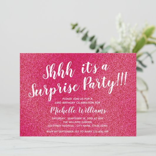ピンクガーリーグリッター|驚きのパーティー誕生日 招待状 (スタンド正面)