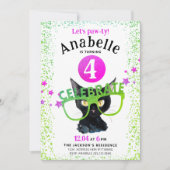 ピンクガーリーグリーンブラックキャットポーグリッター水彩 招待状 (正面)