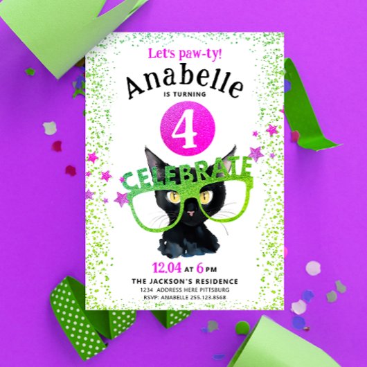 ピンクガーリーグリーンブラックキャットポーグリッター水彩 招待状