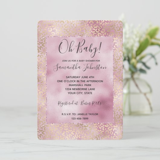 ピンクガーリーグーム金ゴールドヒョウ印刷 招待状 (スタンド正面)