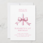 ピンクガーリーコケット弓キャンドル1st誕生日 招待状 (正面)
