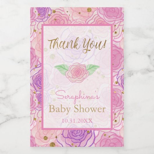 ピンクガーリーシックバラ金ゴールド赤ちゃんシャワーありがとう ワインラベル (シングルラベル)