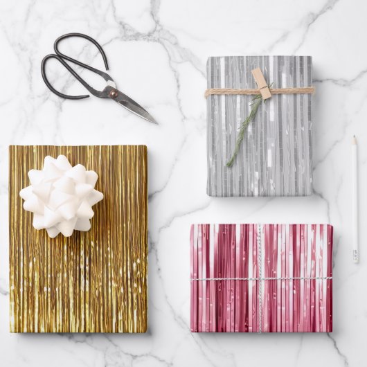 ピンクガーリーシルバー金ゴールドグラムティンセルストライプズ ラッピングペーパーシート (正面)