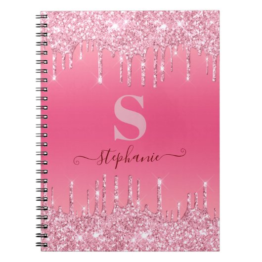 ピンクガーリースパークルグリッターモノグラム ノートブック (正面)