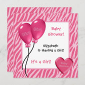 ピンクガーリーゼブラプリントガールベビーシャワー 招待状 (正面/裏面)