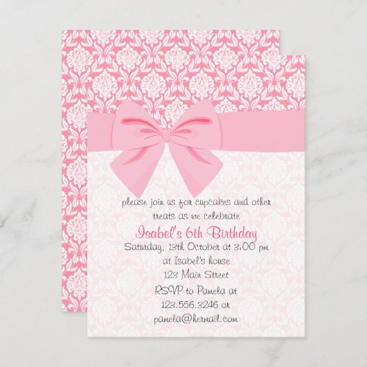ピンクガーリーダマスクラップボウバースデーパーティー 招待状 (正面/裏面)
