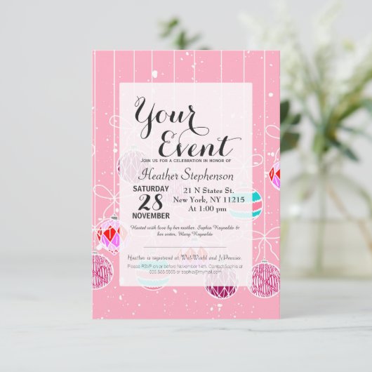 ピンクガーリーティール(緑がかった色)グラムクリスマスオーナメント&スノー 招待状 (スタンド正面)