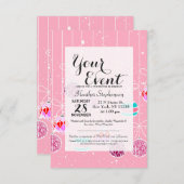 ピンクガーリーティール（緑がかった色）グラムクリスマスオーナメント&スノー 招待状 (正面/裏面)