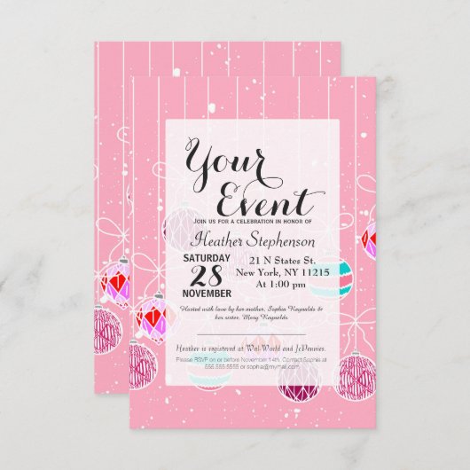 ピンクガーリーティール(緑がかった色)グラムクリスマスオーナメント&スノー 招待状 (正面/裏面)