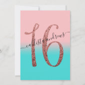 ピンクガーリーティール（緑がかった色）バラ金ゴールドグリッターグラデーションスウィート16 招待状 (裏面)