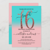 ピンクガーリーティール（緑がかった色）バラ金ゴールドグリッターグラデーションスウィート16 招待状 (正面/裏面)