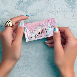 ピンクガーリーティール（緑がかった色）パールオパールグリッタードリップス爪、 ネイル 名刺