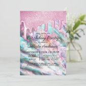 ピンクガーリーティール（緑がかった色）パールオパールグリッタードリップ誕生日 招待状 (スタンド正面)