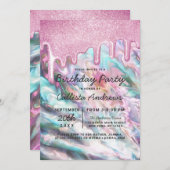 ピンクガーリーティール（緑がかった色）パールオパールグリッタードリップ誕生日 招待状 (正面/裏面)
